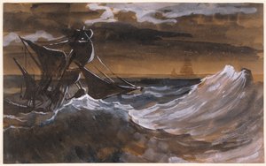 Plachetnice na rozbouřeném moři, asi 1818-9 (štětec a hnědá barva, akvarel na černé křídě) od Theodore Gericault