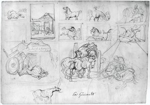 Studie koní (líc); Vůz, za nímž kráčí nosič cedule (rub) od Theodore Gericault