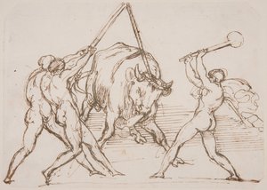 Tři muži provokující býka od Theodore Gericault