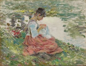 Girl Sewing by River, kolem roku 1891