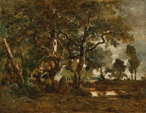 Les Fontainebleau, shluk vysokých stromů s výhledem na planinu Clair-Bois na okraji Bas-Bréau od Theodore Rousseau