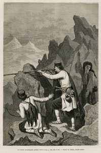 Černohorští vojáci během akce, během války roku 1876, během které Srbsko a Černá Hora vyhlásily válku osmanskému Turecku, kresba Valerio, pro ilustraci cesty do Černé Hory v roce 1874 od Charlese Yriarteho (1832-1898). Gravírování v Le tour