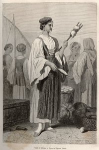 Žena ze Sebenico (Srbsko), používající vřetena pro spřádání vlny, na náměstí. Rytina podle kresby Theodora Valeria, pro ilustraci příběhu o Dalmácii, od Charlese Yriarte, v roce 1874, publikovaná v „“Le tour du monde“““ 1876, editoval Edou