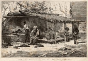 Chata pro lov tuňáků v zátoce Proelucca v zálivu Fiume (nebo Rijeka na Istrii), tři z rybářů ještě spí, zabaleni do přikrývek, další vybaví a nahradí rozhlednu, další připraví kuchyni a mech se toulá u noha o
