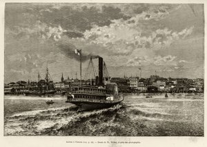 Přílet do kanadské Victorie. Rytina od Th. Webera pro ilustraci příběhu „“Zakanadský svět a Aljaška““ od E. Cotteaua, v roce 1890, v Le tour du monde, nouveau journal des voyages, editoval Edouard Charton (1807-1890), 2. semestr 1891 , edice Hachet od Theodore Weber