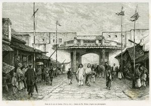 Canton Street Gate v Hanoji. Rytina Th. Weber, z fotografie, pro ilustraci příběhu Trente mois au Tonkin v roce 1884, od doktora Hocquarda, v tour du monde 1889, pod vedením Edouarda Chartona (1807-1890), Hachette, Paříž.