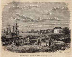 La rade de Saigon, rytina podle kresby T. Webera, ilustrující plavbu do Cochinchiny, od doktora Morice, v roce 1872, publikovaná v „“Le tour du monde“““ 1875, editoval Edouard Charton, vydání Hachette, Paříž. Kolekce Selva.