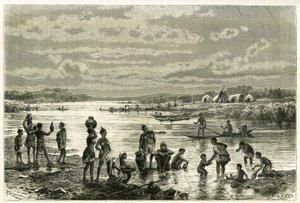 Život na břehu řeky Zambeze, marutům velmi záleží na jejich čistotě a mytí je pro ně činnost první nutnosti. Rytina Th. Webera, pro ilustraci příběhu „Au pays des Marutses“ v letech 1875-1879 od Dr. Emile Holu od Theodore Weber