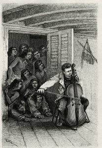 Portrét cestovatelského autora, který hraje na violoncello a přitahuje zvědavé publikum. Rytina Th.Webera pro ilustraci příběhu „Les Iles Wallis“ od Dr. Emile Deschampse, hlavního lékaře u 80. pěchoty. Zveřejněno v Le Tour du monde, nou od Theodore Weber