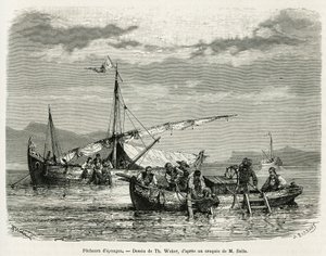 Sponge Fishermen in the Gulf of Nafplio, kresba The. Webera, pro ilustraci příběhu o cestě do Řecka v letech 1861, 1868 a 1874 od Henriho Belleho. Rytina v Le tour du monde
