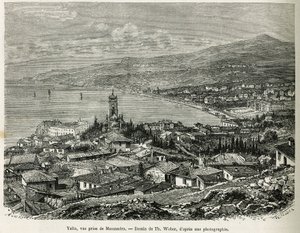 Město Jalta, převzato z Massandry, kresba Th.Webera, pro ilustraci příběhu Čtyři měsíce v Rusku z roku 1876 od F. De Melyho. Rytina v Le tour du monde od Theodore Weber