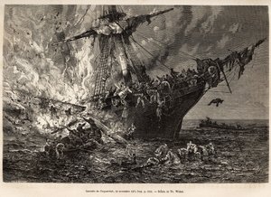 Požár lodi Cospatrick, britské lodi přepravující více než 400 emigrantů na Nový Zéland, dne 19. listopadu 1874, vyrytý podle kresby T. Webera, ilustrující studium bouří a plaveb, od pana Zurchera a pana Margolleho v roce 1870-1874, vyd