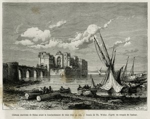 Námořní hrad Sidon před bombardováním v roce 1840. Rytina Th. Webera, pro ilustraci příběhu La Syria d