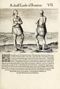 „A Chief Lord of Roanoac“, z „Stručná a pravdivá zpráva o nově nalezené zemi Virginie“ od Thomase Harriota (rytina) od Theodore de Bry