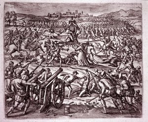 Dominikánský mnich, který se cítí zesměšňován inckým králem Atahualpou (Atabaliba), povzbuzuje Francisca Pizarra, aby se pomstil (Rytina od Theodore de Bry