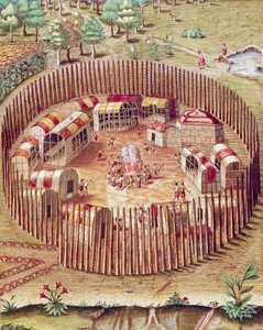Indická opevněná vesnice Pomeiok, ilustrace od Admirandy Narratio, Theodore De Bry od Theodore de Bry