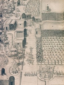 Původní indiánská vesnice obklopená obdělávanou půdou ve Virginii od Theodore de Bry