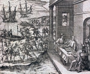 Dohoda mezi Francisco Pizarro, Diego de Almagro a Hernando de Luque prozkoumat a využít Peru od Theodore de Bry