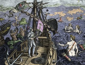 Allegorie des voyages de Christopher Columbus (1451-1506), rytina z "Historia America sive Novi Orbis" od Theodora de Bry (1527-1598), Amsterdam 1594 od Theodore de Bry