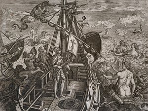 Alegorie cesty Kryštofa Kolumba k objevu Nového světa, rytina Theodora de Bry (1528-1598) od Theodore de Bry