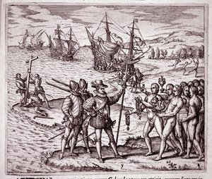 Příjezd Kryštofa Kolumba na ostrov Hispaniola v Západní Indii (rytina od Theodore de Bry