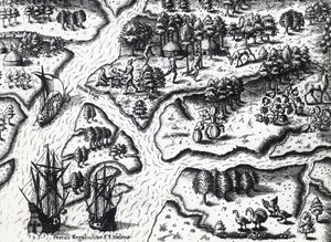 Příjezd Francouzů do Port Royal v roce 1564, Theodor de Bry (1528-1598) z malby Jacquese le Moyne de Morgues (asi 1533-před 1588), rytina od Theodore de Bry
