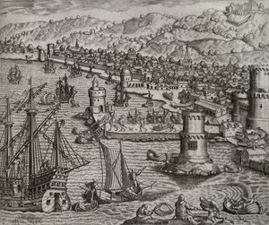 Příjezd Girolama Benzoni do přístavu Las Palmas během jeho cesty do Ameriky (1541), Kanárské ostrovy, rytina Theodora de Bry (1528-1598) od Theodore de Bry