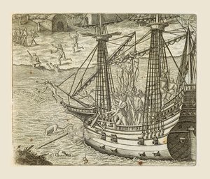 Bartolomeo Diaz věší nějaké indiány na karavelu, rytina Theodora de Bry (1528-1598) z Ameriky od Theodore de Bry