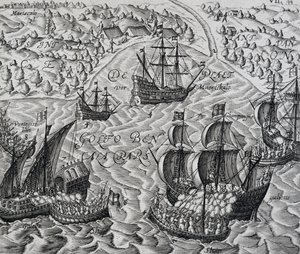 Bitva před městem Matical v Bengálském zálivu, rytina z Indiee Orientalis, Theodor de Bry (1528-1598) od Theodore de Bry