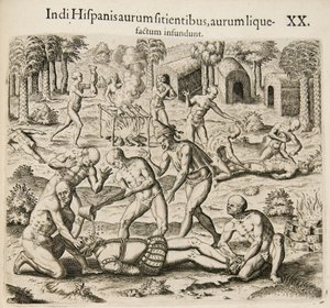Protože Španělé žízní po zlatě, lijí do nich indiáni tekuté zlato. Od: Americae pars qv od Theodore de Bry