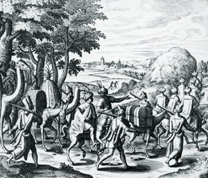 Karavana arabských obchodníků cestující z Aleppa do Basry, rytina z Grands and Petits Voyages, Theodor de Bry (1528-1598), Střední východ od Theodore de Bry