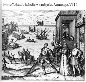 Kryštof Kolumbus a bratři Pinzonové opouštějí 3. 8. 1492 přístav Palos ve Španělsku do Nového světa. Vpravo Král a královna Portugalska Katolický katolík Ferdinand II. Aragonský a Isabella Iere Kastilská. Rytina Theodora de Bry v „“ Admirante od Theodore de Bry