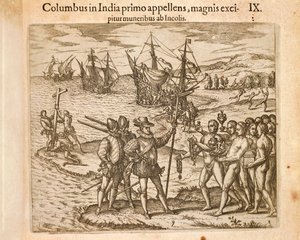 Kryštof Kolumbus přistává na ostrově Guanahani (San Salvador) 12. října od Theodore de Bry