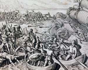 Střet mezi domorodými Indiány a španělskými jednotkami, rytina z Historia Americae, Theodor de Bry (1528-1598), Frankfurt od Theodore de Bry