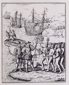 Columbus at Hispaniola, z „Narrative and Critical History of America“, editoval Justin Winsor, Londýn, 1886 od Theodore de Bry
