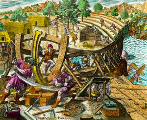Stavba lodi pro španělského mořeplavce Vasca Nuneze de Balboa (1475-1517) Rytina z „Historie Ameriky“ od Theodora de Bry (1528-1598) 16. století. Soukromá sbírka od Theodore de Bry