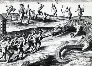 Lov krokodýla na Floridě, z malby Jacques le Moyne de Morgues (asi 1533-před 1588), Theodor de Bry (1528-1598). rytina od Theodore de Bry