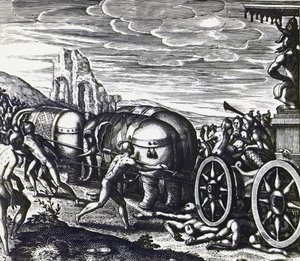 Oddaní jsou rozdrceni vozem během procesí modly, Theodor de Bry (1528-1598), rytina od Theodore de Bry