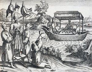 Ulice hodnostářů, z cesty, kterou podnikl Jan Huyghen van Linschoten (1563-1611) v letech 1583 až 1592, rytina z Indie Orientalis od Theodora de Bry (1528-1598), Čína od Theodore de Bry