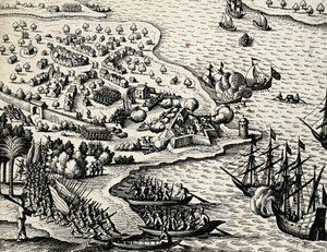 Holandská expedice podél pobřeží Mosambiku, rytina z Indie orientalis od Theodora de Bry (1528-1598) od Theodore de Bry