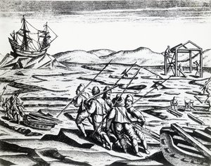 Expedice vedená Williamem Barentsem (asi 1550-1597) při hledání severovýchodní cesty, z Peregrinationes, Theodor de Bry (1528-1598), rytina od Theodore de Bry