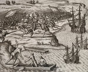Boj mezi Kryštofem Kolumbem a Francescem Poresiem na Jamajce, rytina Theodora de Bry (1528-1598) od Theodore de Bry