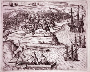 Čtvrtá plavba Kryštofa Kolumba na ostrov Jamajka v roce 1503 (rytina od Theodore de Bry