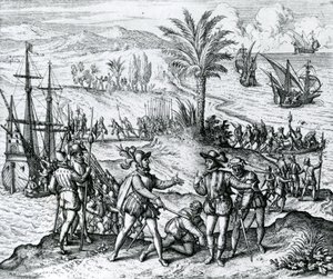 Francisco de Bobadilla přijíždí jako guvernér a zatýká Kryštofa Kolumba (1451-1506) v Hispaniole, 1500, 1590 od Theodore de Bry