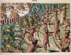Historie Ameriky: „“ Indiánský kmen útočí v noci na vesnici na Floridě““ Rytina z „“ Admirante Narratio Americae““ od Theodora de Bry (1528-1598) od Theodore de Bry