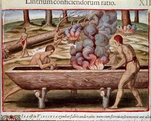 Historie Ameriky: „Indiáni staví čluny““ Rytina z „Admirante Narratio Americae“ od Theodora de Bry (1528-1598) od Theodore de Bry