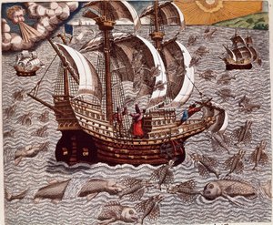 Historie Ameriky: „“Cesta španělských karavel obklopená létajícími rybami““ Výmluva o plavbách Hanse Stadena, německého průzkumníka, který odešel se španělskými flotilami do Brazílie, zajat indiány Tupinamba. Rytina z „Americae tertia pars memorabi od Theodore de Bry