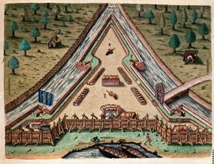 Historie Ameriky: „Život Fort Carolina, Bastion of Carolina“ „Rytina z „Admirante Narratio Americae““ od Theodora de Bry (1528-1598) podle kresby Jacques le Moyne (de Morgues) (1533-1588) od Theodore de Bry