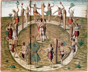 Historie Ameriky: „“Rituální tanec k oslavě přátelství”” rytina Theodora de Bry (1528-1598). Vincennes ze 16. století, historické muzeum námořnictva od Theodore de Bry