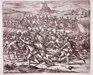 Historie Ameriky: boje mezi armádami Vaca de Castro a Almagro junior po smrti Francisca Pizarra a Diega de Almagro (rytina od Theodore de Bry